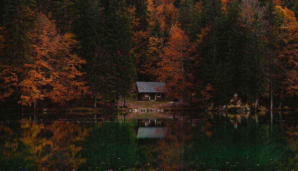 A wood cabin is seen nestled in the trees from across the lake during fall