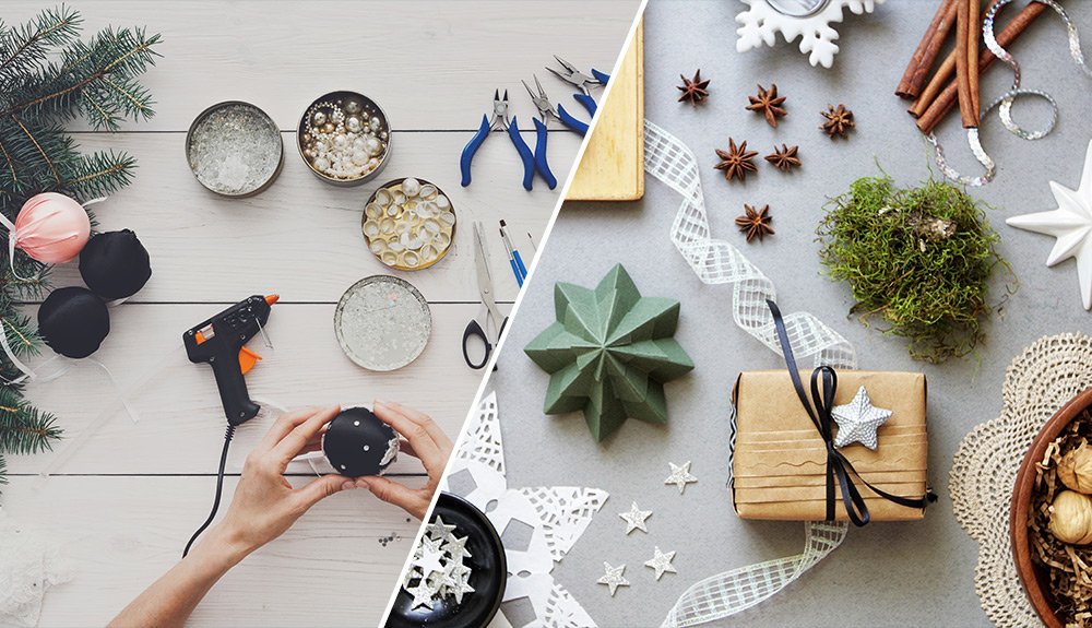Split photo of holiday crafting, on the left hands creat a homemade ornament, a glue gun and pearl beads beside and on the right a holiday tablescape with ribbon and presents