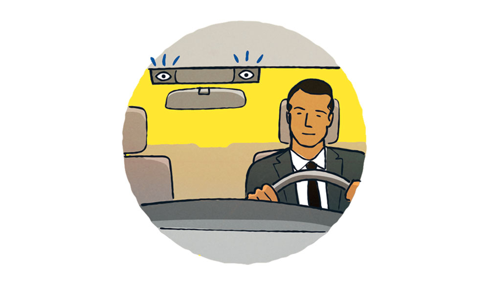 An illustration shows a man behind the wheel of a car