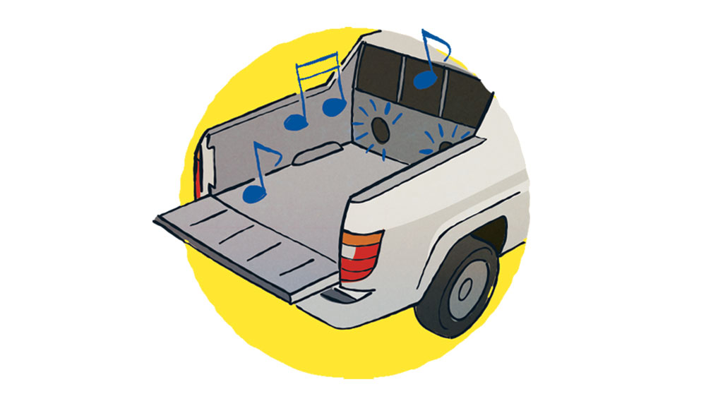 An illustration shows a pickup truck with its flat bed open 