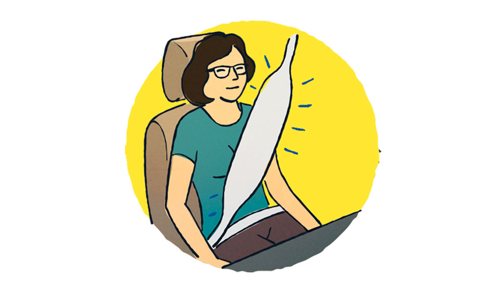 An illustration shows a woman wearing a seatbelt that inflates across the chest