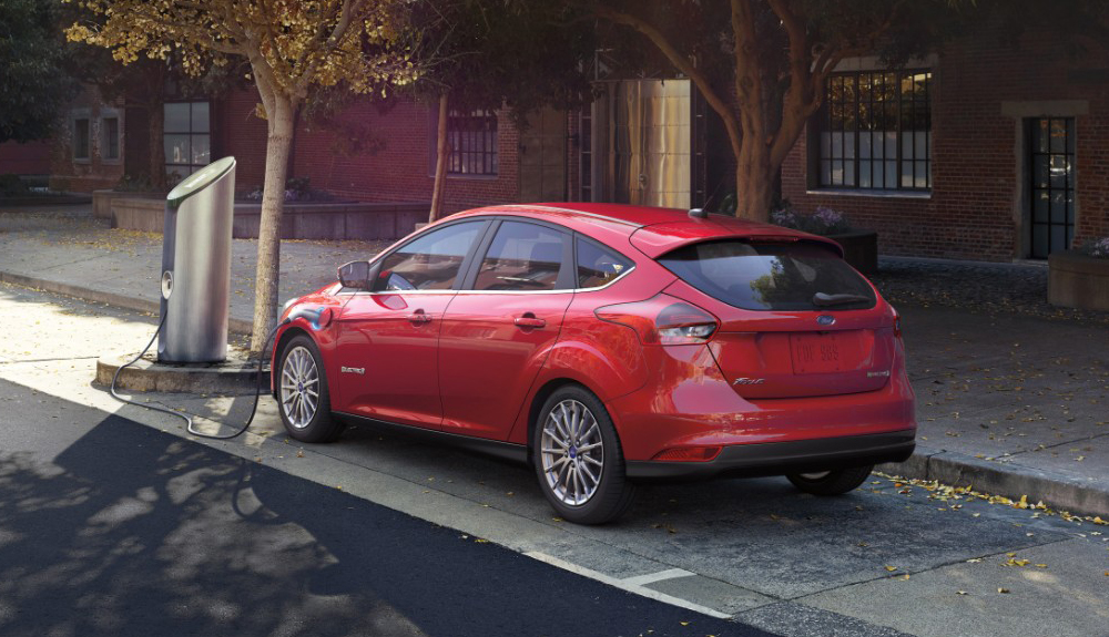 A red Ford Focus Electric