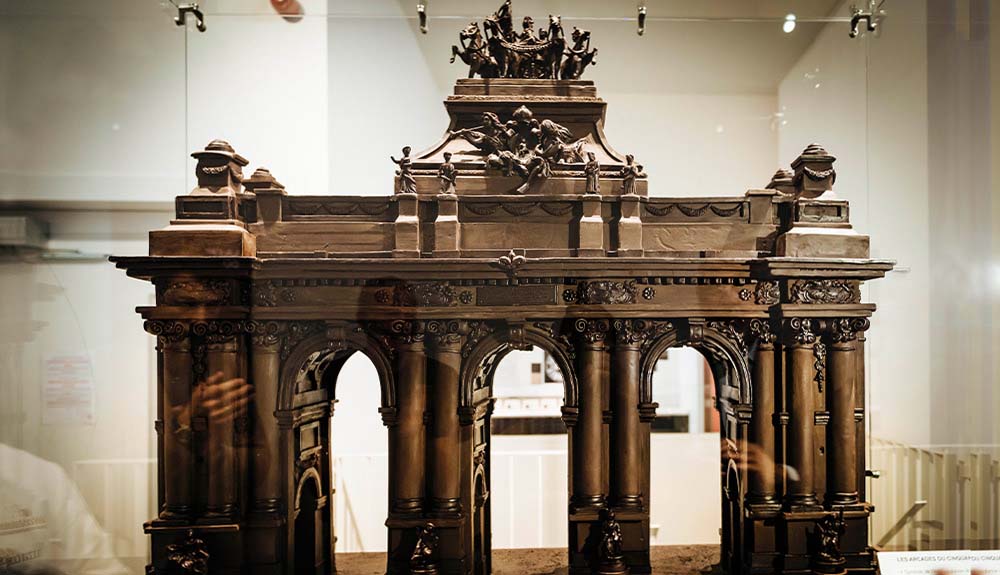 A grand archway made of chocolate as seen in the Belgian Chocolate Village in Brussels, Belgium
