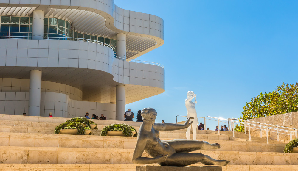 Exterior shot of the front steps of the Getty Museum in Los Angeles