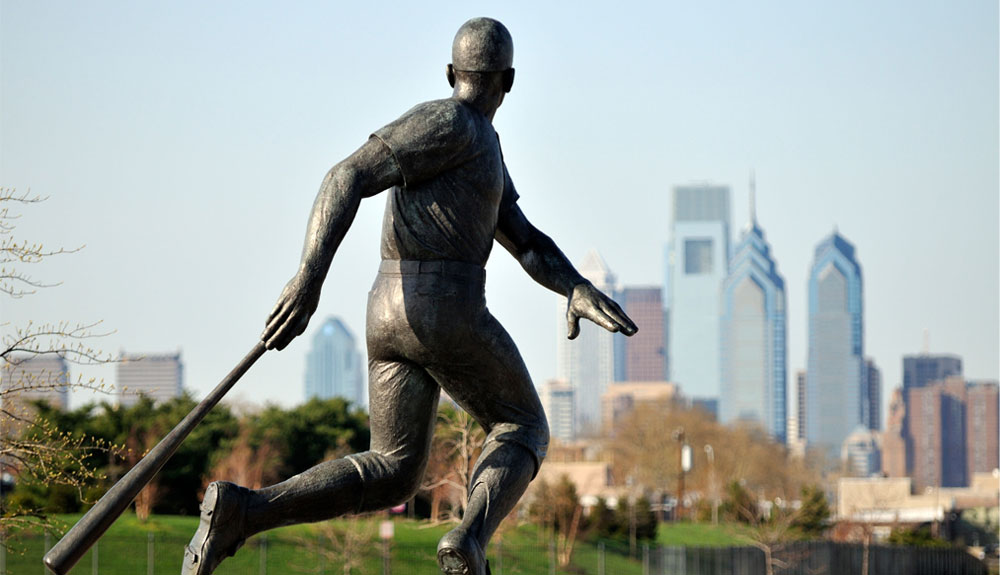 A statue of a baseball player is shown in Philadelphia, U.S.A.