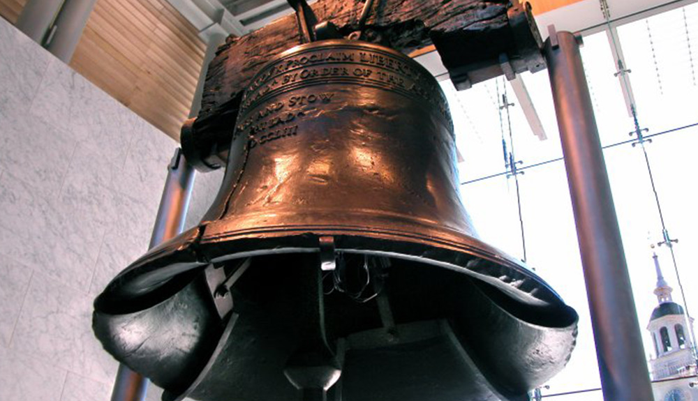 The Liberty Bell in Philadelphia is shown