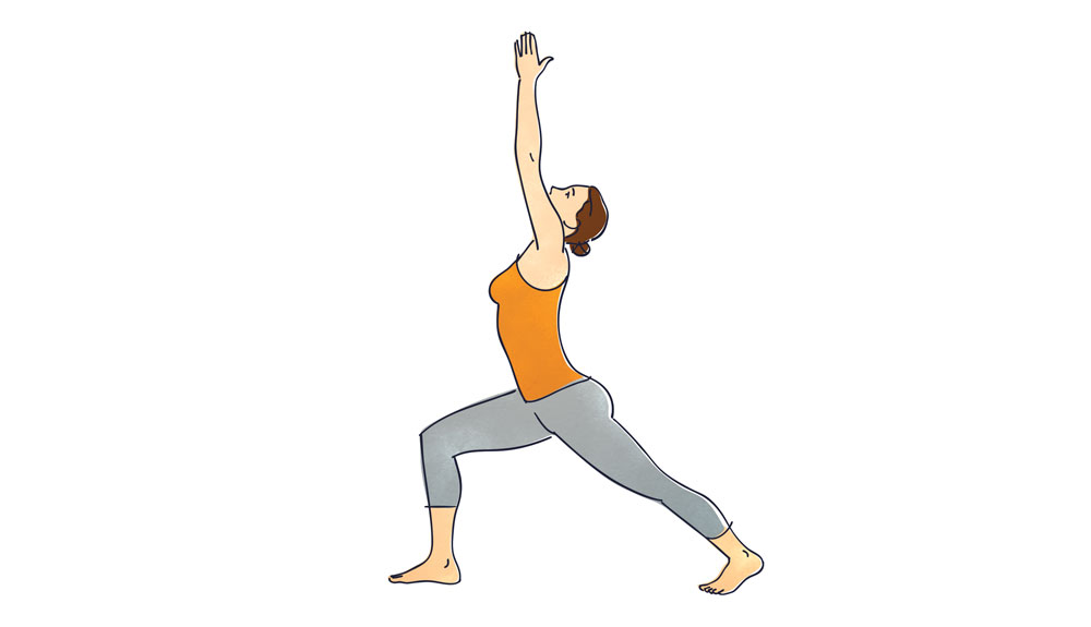 An illustration shows a woman holding the warrior pose with one leg stretched back and both arms raised above her head