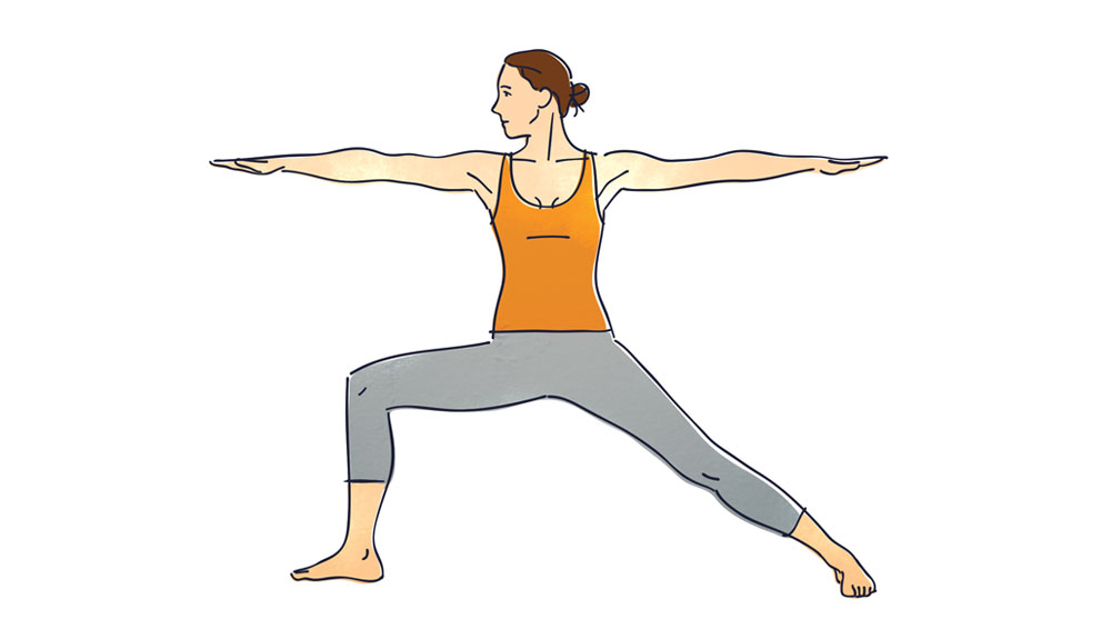 An illustration shows a woman holding a warrior pose with one leg stretched out to the side and her arms stretched out at shoulder height