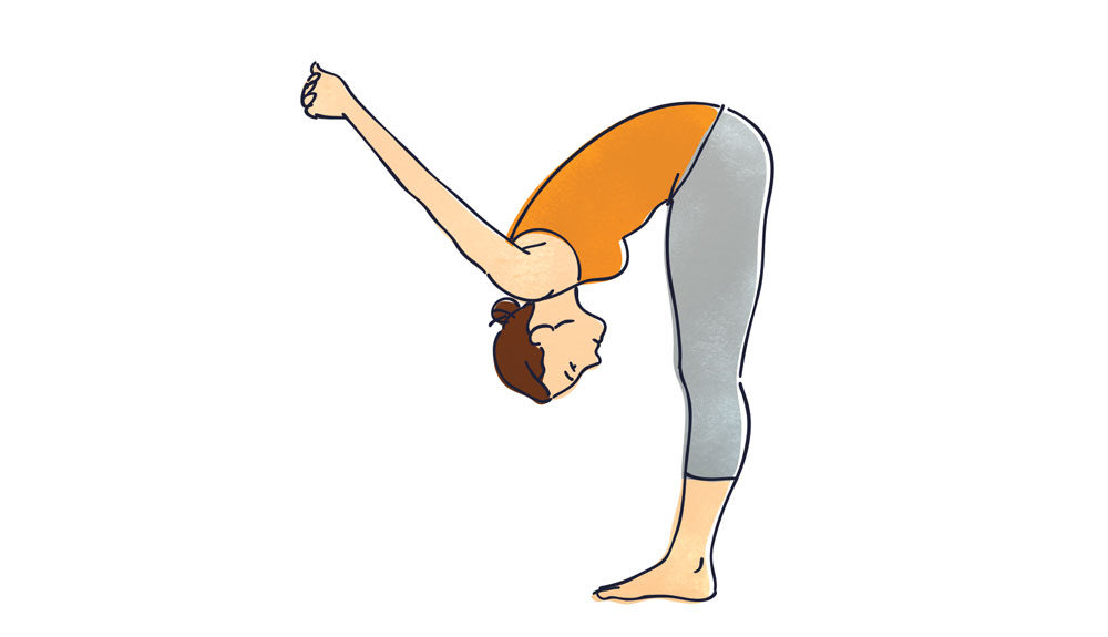 An illustration shows a woman stretching by standing with her legs straight and bending at the waist to bring her head to her knees with her arms extended to the sky