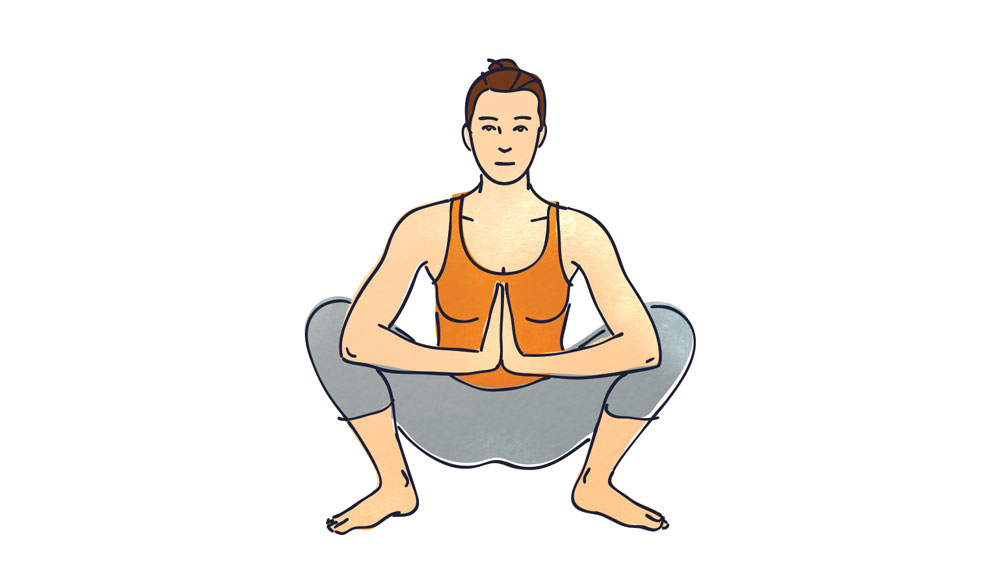 An illustration shows a woman crouched low with her knees spread wide and her hands in a prayer pose