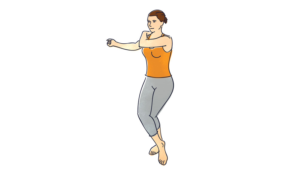 An illustration shows a woman stretching her upper shoulder and crossing her legs at the ankle