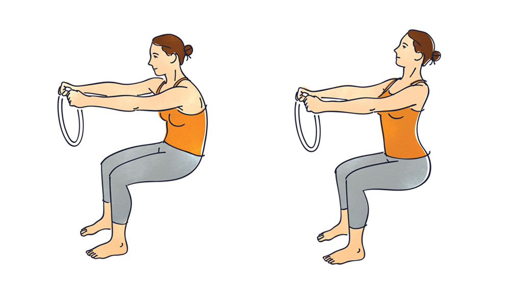 An illustration shows two images of a woman bending her knees low and holding a round hoop in front of her