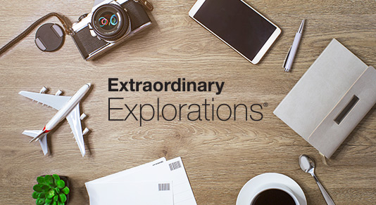 Extraordinary Explorations logo with a camera, plane, cell phone, cup of coffee, letters and notebook surrounding the logo.