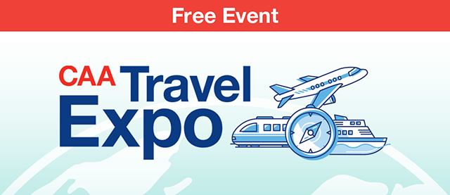 The text free event appears on the top of the image. The text CAA Travel Expo on the left side of image. Right side of image has an illustration of plane, cruises ship, train and a compass with a globe in the background. 