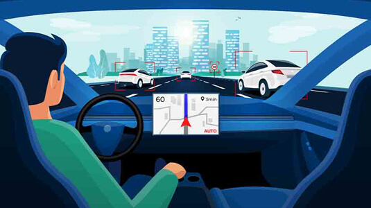 Illustration of a man driving an autonomous car