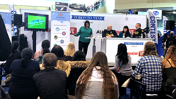CAA in collaboration with OPP discussing cannabis-impaired driving penalties at the 2019 Canadian International Auto Show.
