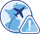 Illustration of a plane and a globe, with an exclamation mark on the right side.