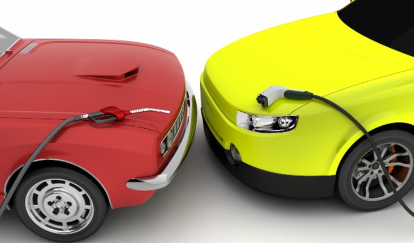 Red car with a gasoline pump and a yellow car with an electric charger.