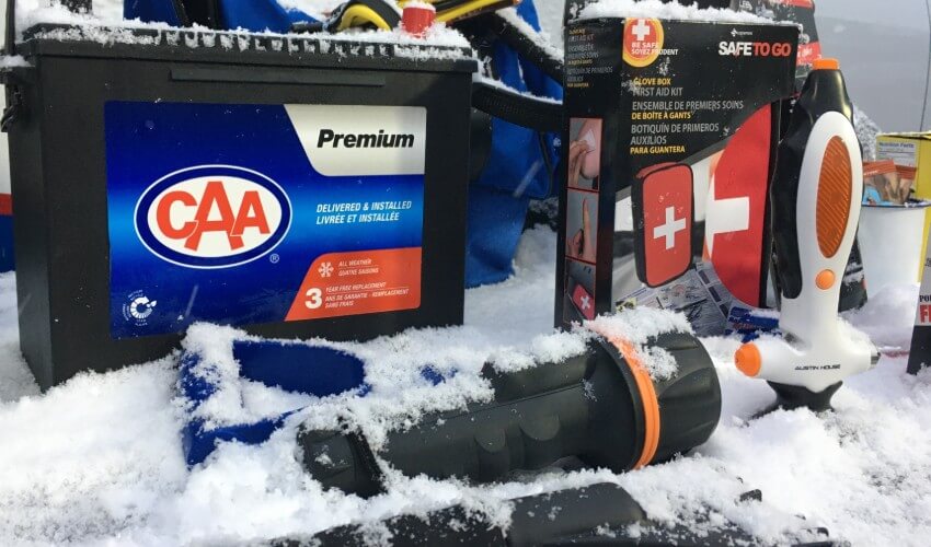 Winter roadside emergency kit items.