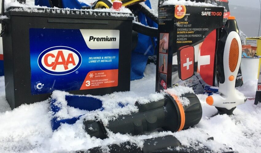 Winter roadside emergency kit items.