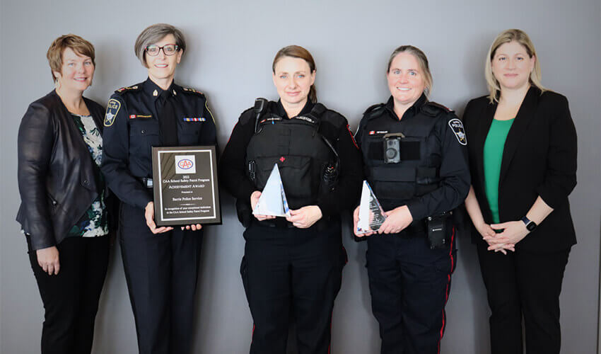 Pictured, from left, are Brenda Rideout, board member, Kimberley Greenwood, Barrie police chief, Special Const. Shannon Calladine, Const. Julie Reynolds and Leslie Rocha, community program consultant, CAA South Central Ontario.