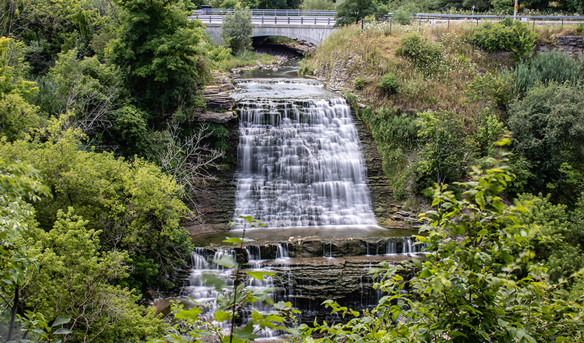 View of the Albion Falls surrounded by trees located in Hamilton, Ontario Canada.