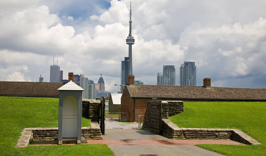 Entrance to Fort York in Toronto with the CN Tower in the background.