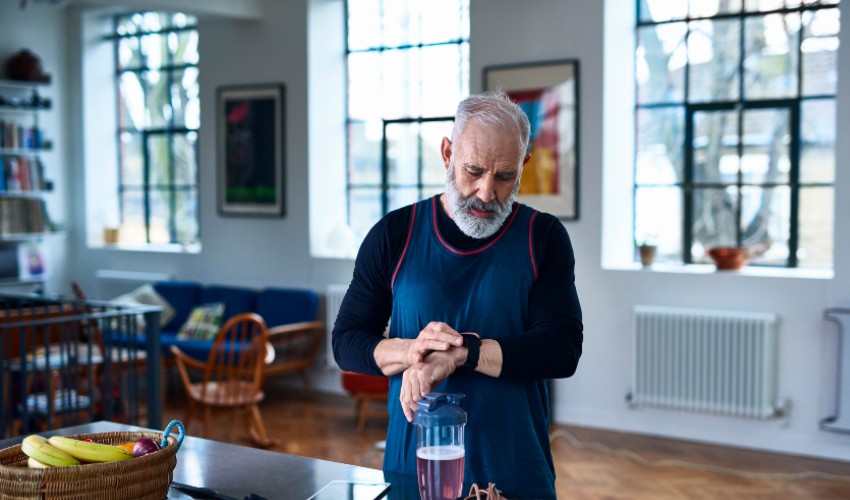 Man checking his wearable fitness tracker after a workout.
