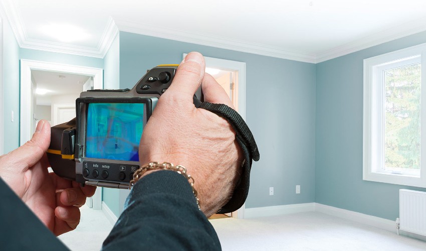 A professional scanning a home with an infrared thermal imaging camera.