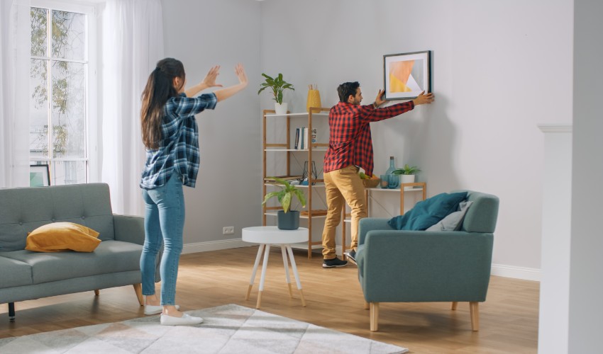 Happy couple hanging a picture on the wall in a modern home.