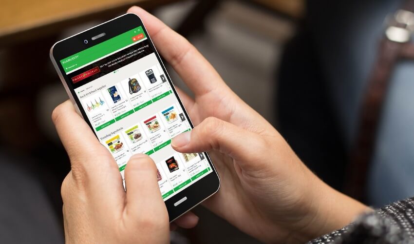 Woman using INABUGGY grocery delivery mobile app.