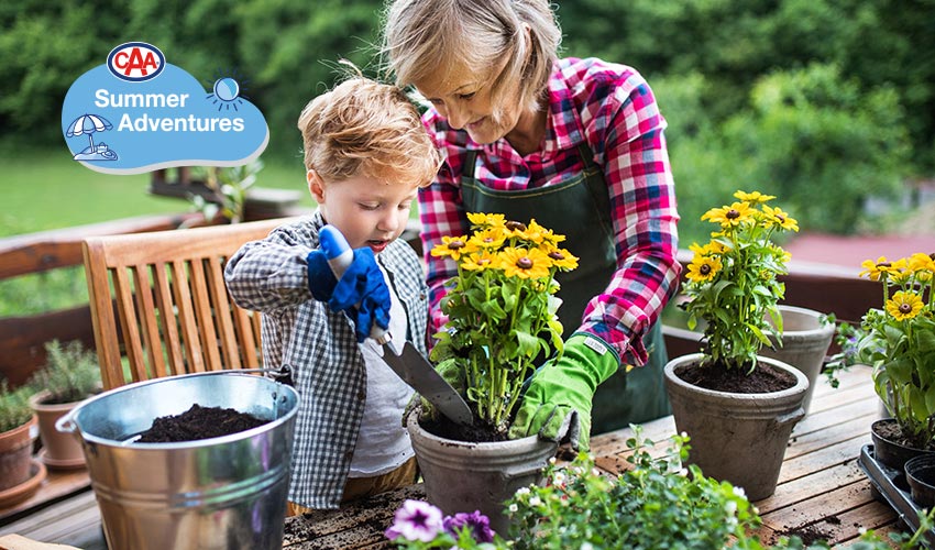 Grandma and small child gardening