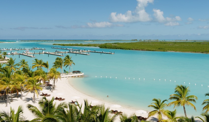 Palm tress and beach front in Turks and Caicos.