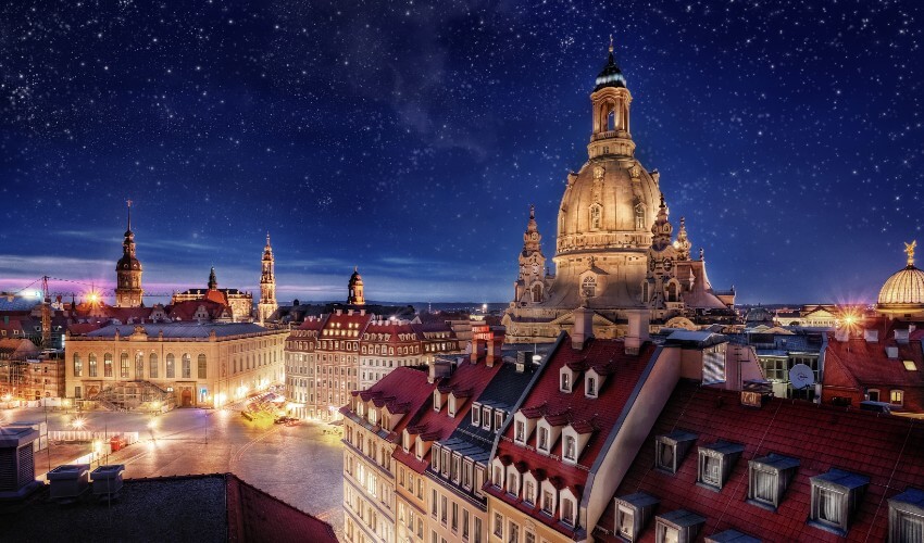 Starry sky above New Market in Dresden, Germany. 