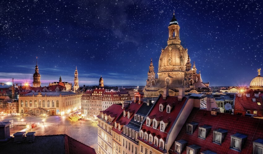 Starry sky above New Market in Dresden, Germany.