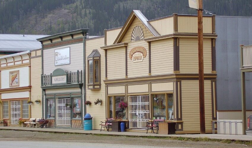 View of main street with shops built in style of Klondike gold-rush in Dawson, Yukon.