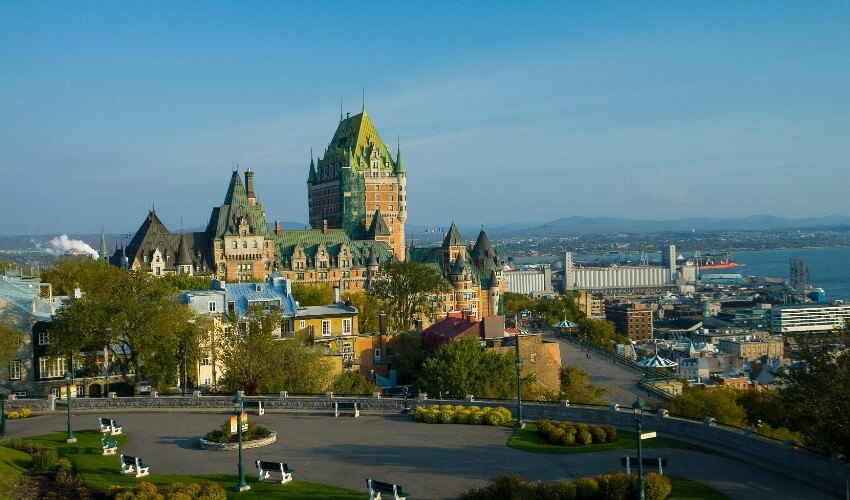 Panoramic view of Old Quebec City, highlighting the Chateau Frontenac hotel.