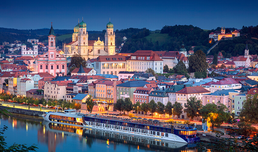 AmaWaterways Cologne river cruise at twilight.