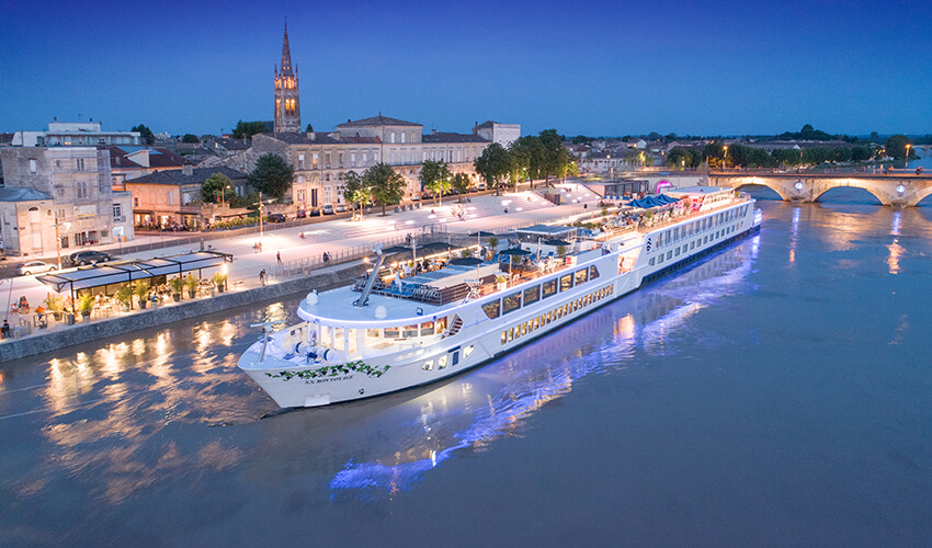 Uniworld river cruise in Libourne in the night.