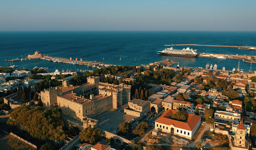 Aerial view of Azamara ocean cruise ship in port.