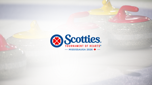 Scotties Tournament of Hearts logo with curling rocks in the background