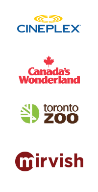 Logos for Cineplex, Wonderland, Toronto Zoo and Mirvish