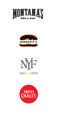 Logos for Montana’s, Harvey’s, New York Fries and Swiss Chalet