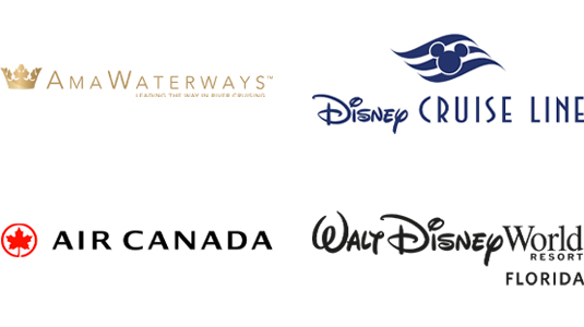 Logos for AmaWaterways, Air Canada, Disney Cruise Line and Walt Disney World Florida