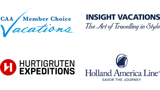 Logos for CAA Member Choice Vacations, Insight Vacations, Hurtigruten Expeditions and Holland America Line