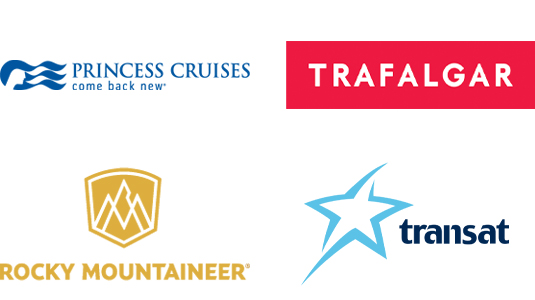 Logos for Princess Cruises, Rocky Mountaineer, Trafalgar and Transat