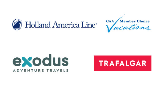 Logos for Holland America Line, CAA Member Choice Vacations, Exodus Adventure Travels and Trafalgar