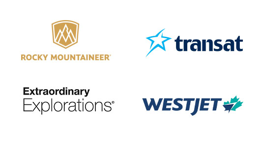 Logos for Rocky Mountaineer, Transat, Extraordinary Explorations and Westjet