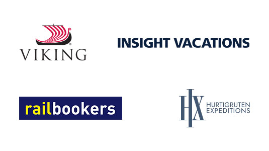 Logos for Viking, Insight Vacations, Railbookers and Hurtigruten Expeditions