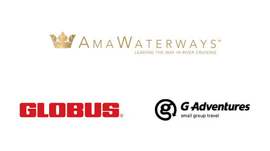 Logos for AmaWaterways, Globus and G Adventures